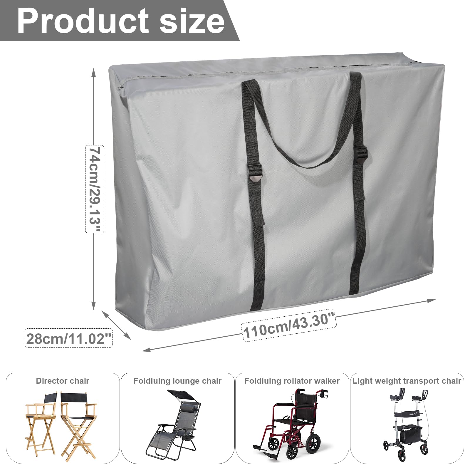 Large Outside Folding Chair Storage Bag With Zipper And Handles, 600D Folding Chair Carry Bag For Zero Gravity Chair Cover, Portable Folding Lounge Chair Carrying Bags, 43' L X 11' W X 29' H (Gray)