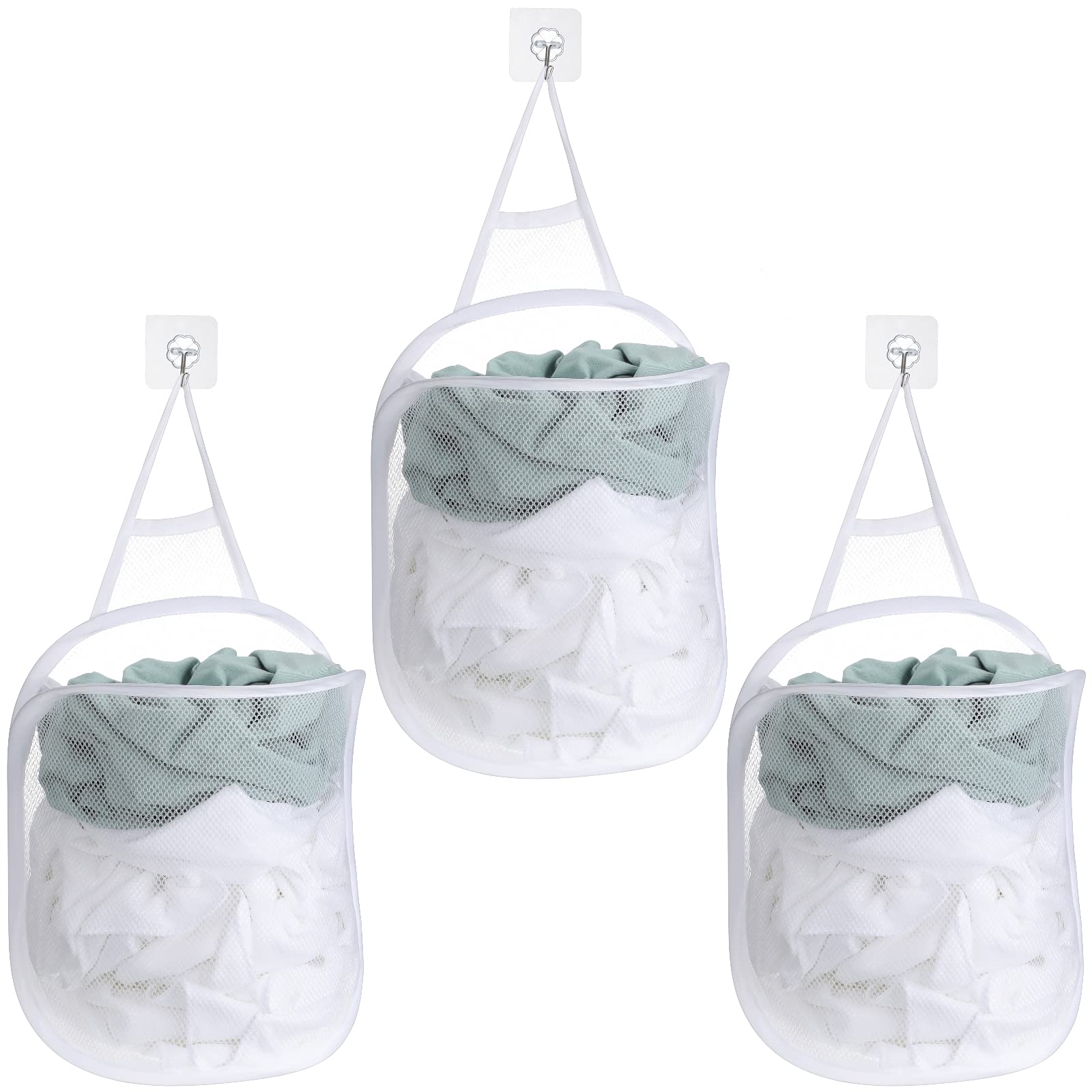 3 Pieces Hanging Laundry Hamper Laundry Bag to Hang Foldable Mesh Hamper Dirty Cloth Basket with Carry Handle Door Net Hampers f