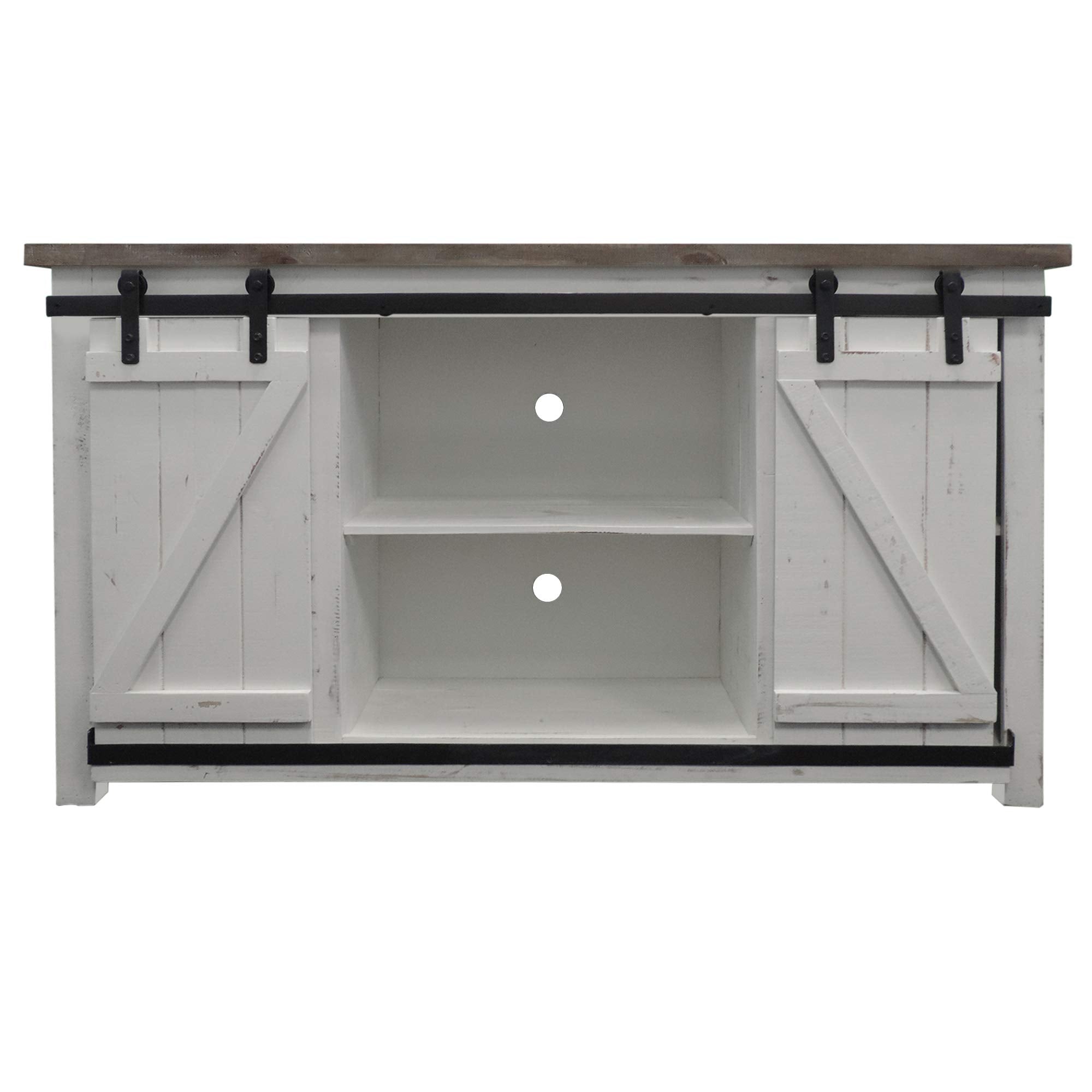 TUP The Urban Port 69 Inch Wooden Media Console with Barn Style Sliding Door, 69-Inch, Brown and White