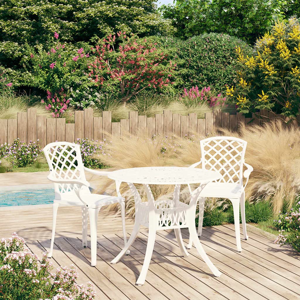 vidaXL 3-Piece Bistro Outdoor Patio Furniture Set in White - Cast Aluminum Design, with Umbrella Hole - Round Table & Two Chairs Set