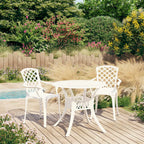 vidaXL 3-Piece Bistro Outdoor Patio Furniture Set in White - Cast Aluminum Design, with Umbrella Hole - Round Table & Two Chairs Set