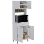 Pantry Cabinet 67" H, 4 Doors, 1 Drawer, 3 Internal Shelves, 2 External Storage Shelves, Microwave Storage Option, 4 Legs, White