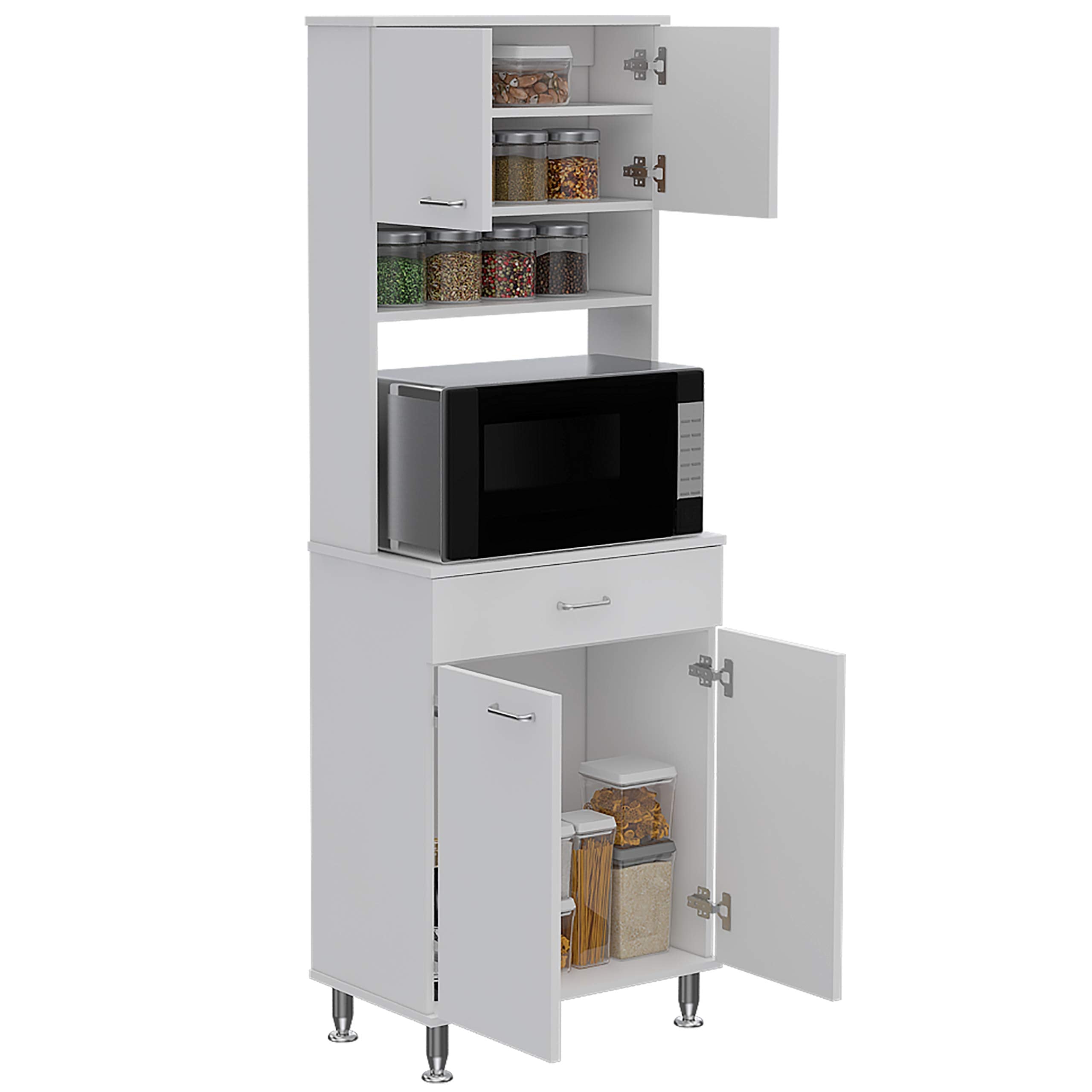 Pantry Cabinet 67" H, 4 Doors, 1 Drawer, 3 Internal Shelves, 2 External Storage Shelves, Microwave Storage Option, 4 Legs, White