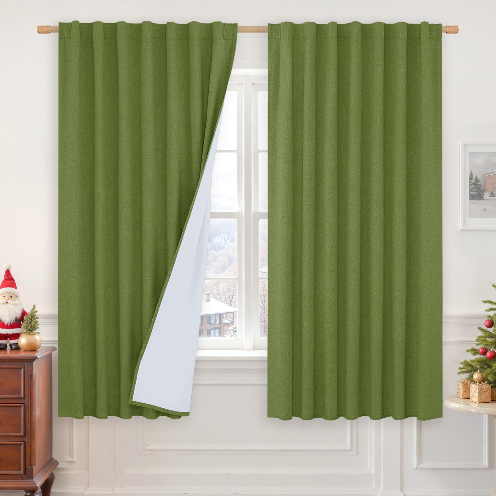 LAMIT 100% Blackout Linen Curtains 63 Inches Long, Linen Textured Living Room Bedroom Drapes Full Room Darkening Back Tab and Ro