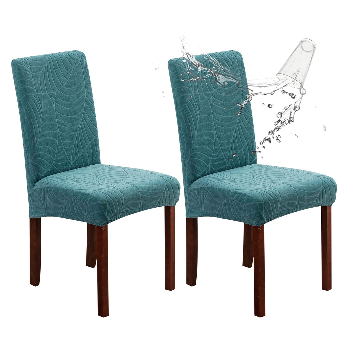 Genina Waterproof Chair Covers For Dining Room, Stretch Jacquard Dining Chair Slipcovers Removable Washable Chair Protector For Kitchen, Hotel, Restaurant (Leaves-Peacock Blue, 2 Pcs)