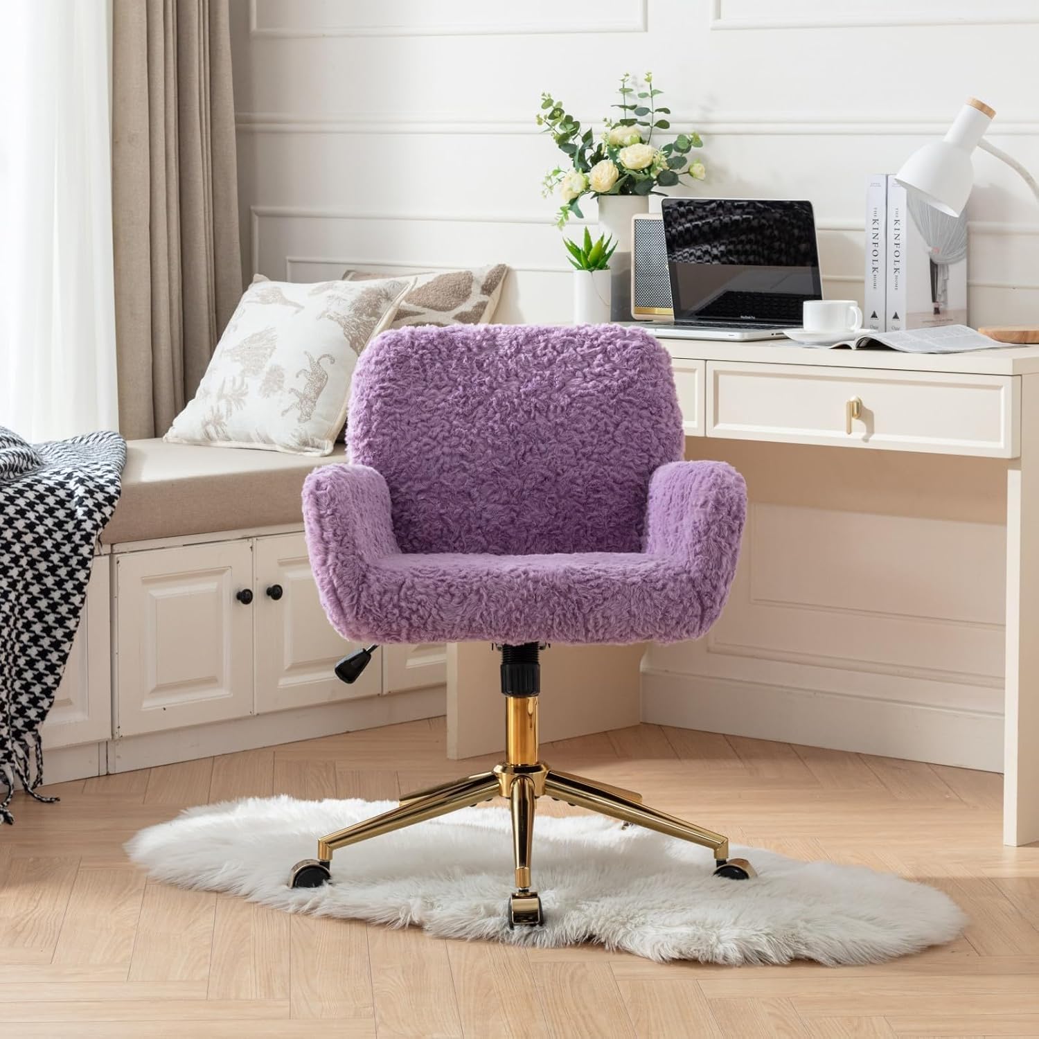 Purple Faux Fur Home Office Chair, Upholstered Elegant Makeup Vanity Chair For Girls, Swivel Desk Chair With Gold Base, Height A