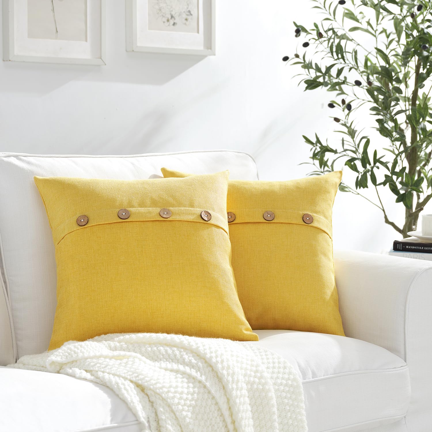 Meekio Set Of 2 Yellow Square Pillow Covers 16 X 16 Summer Pillow Covers With Coconut Buttons For Sofa Couch Living Room Bedroom