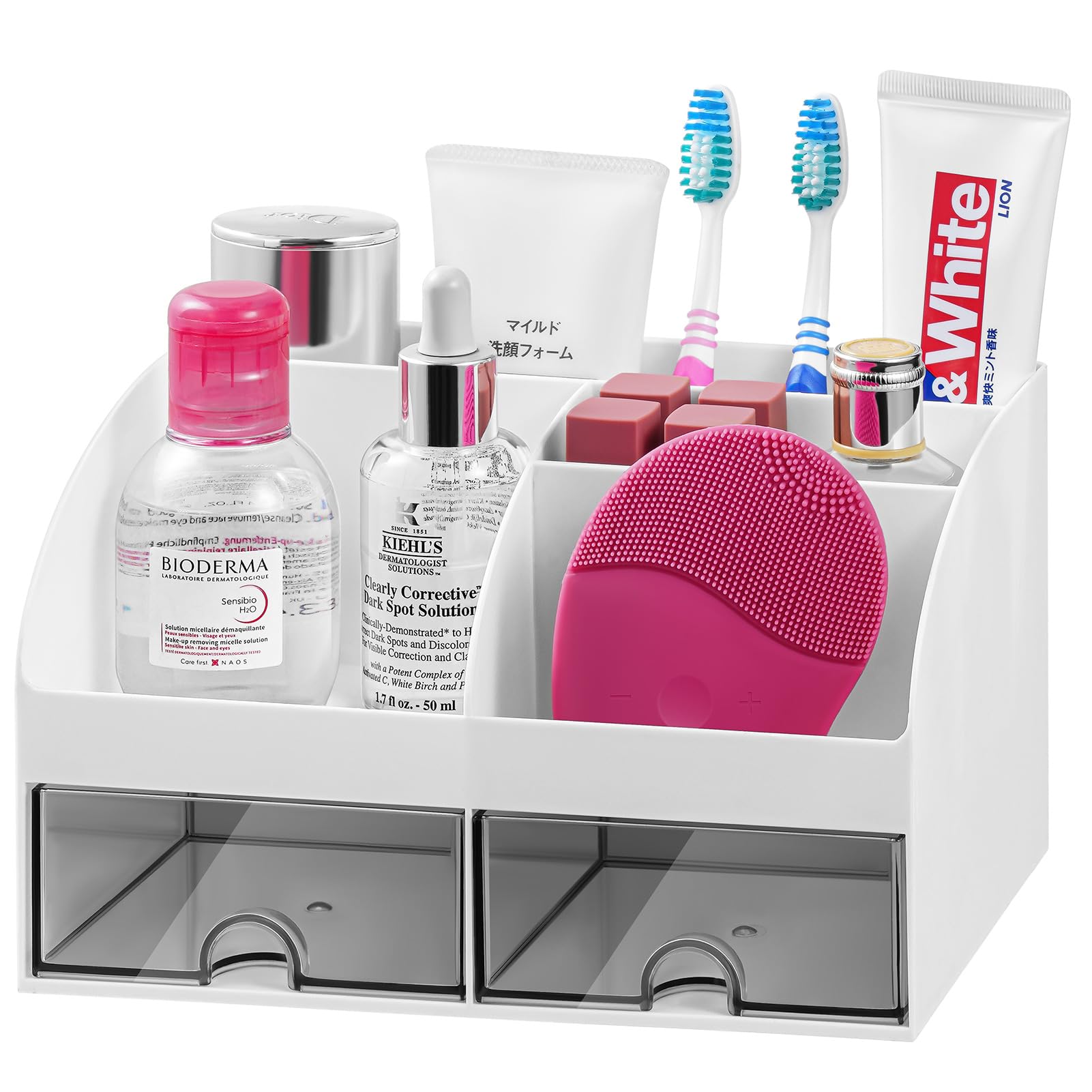 VITVITI Toothbrush Holders for Bathrooms Countertop, 8 Slots Toothpaste Bathroom Counter Sink Organizer with Drawers, Plastic Ba