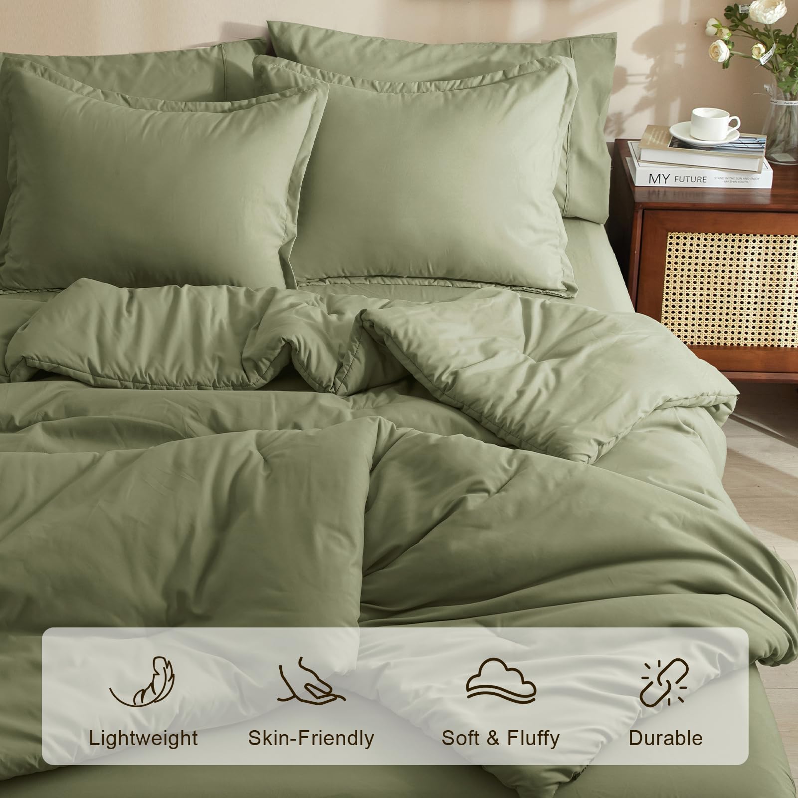Phf 7 Pieces King Comforter Set, Bed In A Bag Comforter & 18' Sheet Set All Season, Ultra Soft Comfy Bedding Sets With Comforter, Sheets, Pillowcases & Shams, Olive Green
