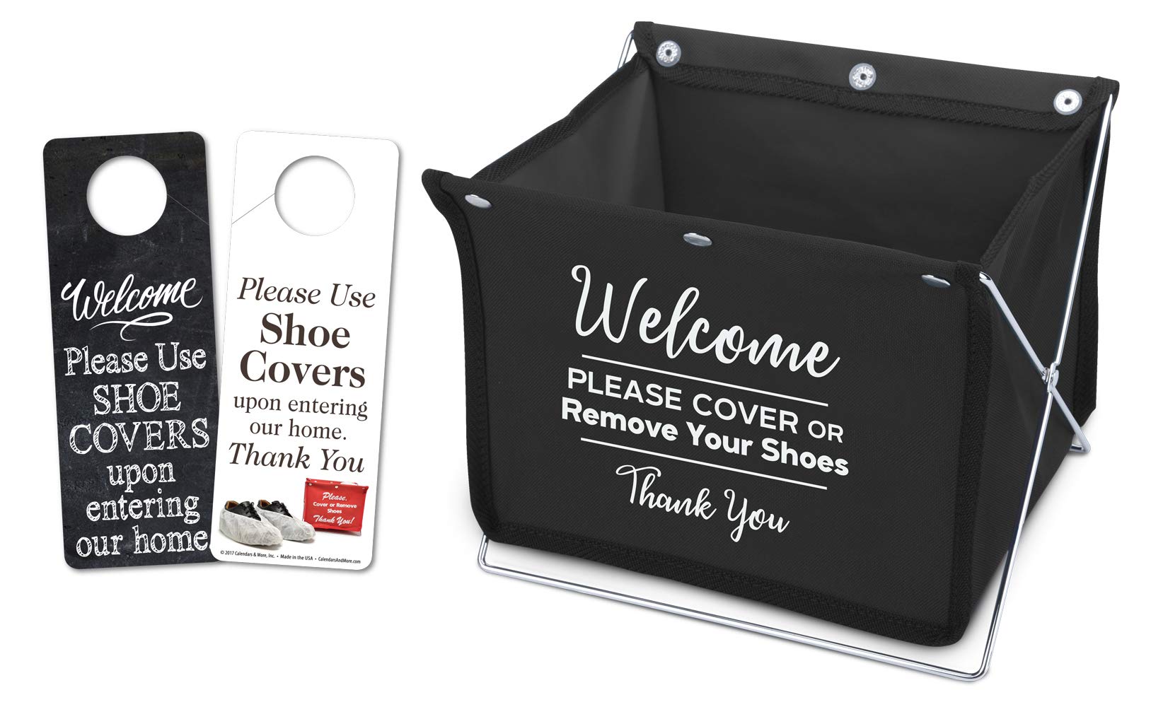 Foldable Shoe Cover Holder (Black) with Bonus Please Use Shoe Covers, Double Sided, Door Hanger