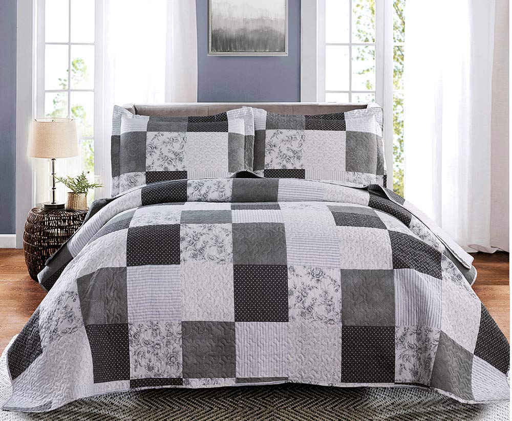 Quilt Set King Floral Bedspread Coverlet Plaid Patchwork Quilt Bedding Morden Lightweight Bedspread Reversible Home Quilts Grey