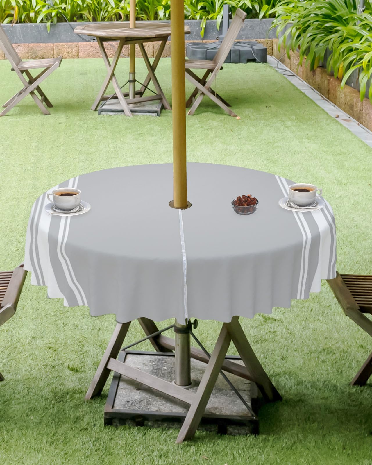Queenker Outdoor Tablecloth With Umbrella Hole, Farmhouse Gray White Stripe Round Tables Waterproof Tabletop Collection For Pati