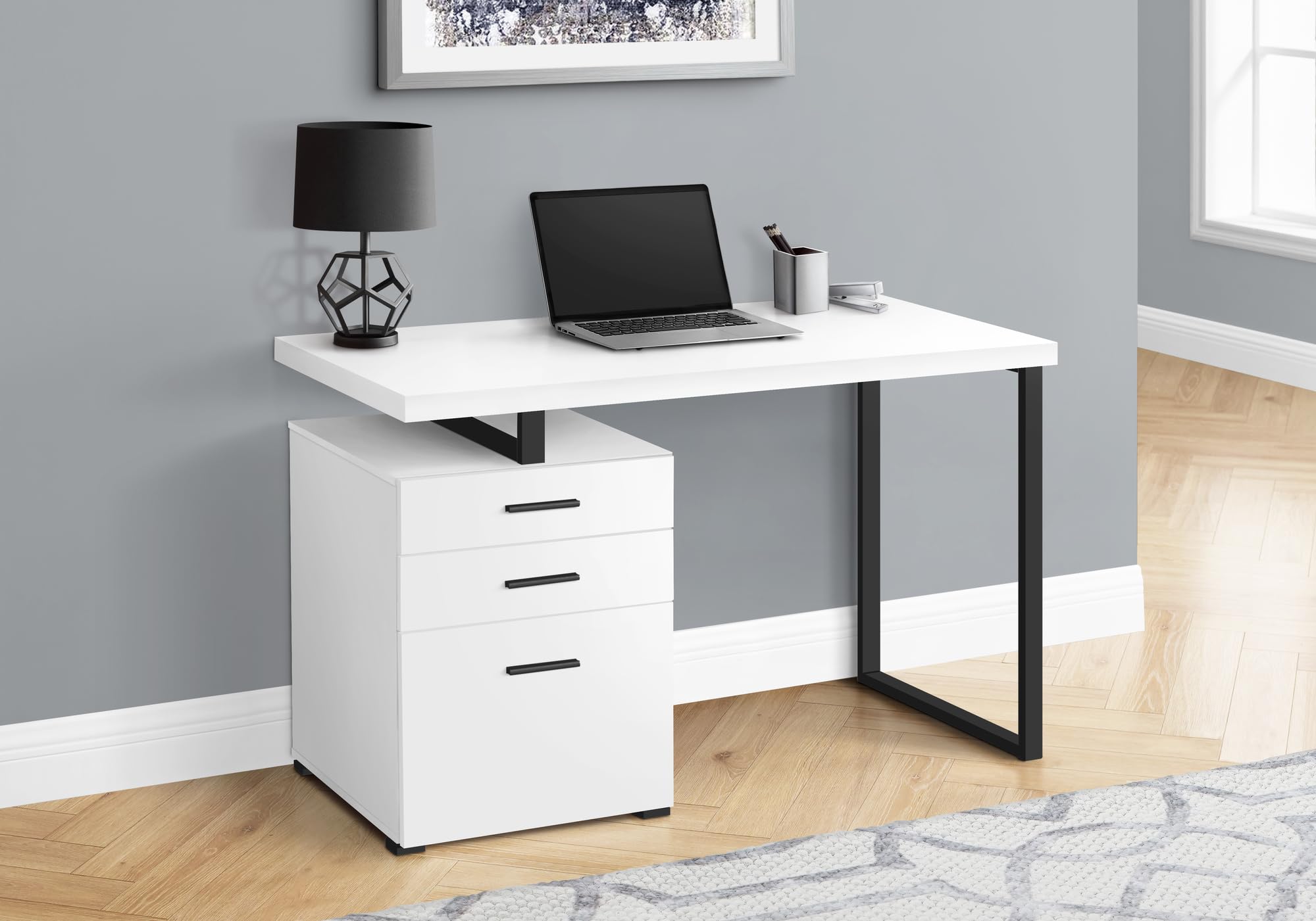 Monarch Specialties I 7646 Computer Desk, Home Office, Laptop, Left, Right Set-up, Storage Drawers, 48' L, Work, Metal, Laminate, White, Black, Contemporary