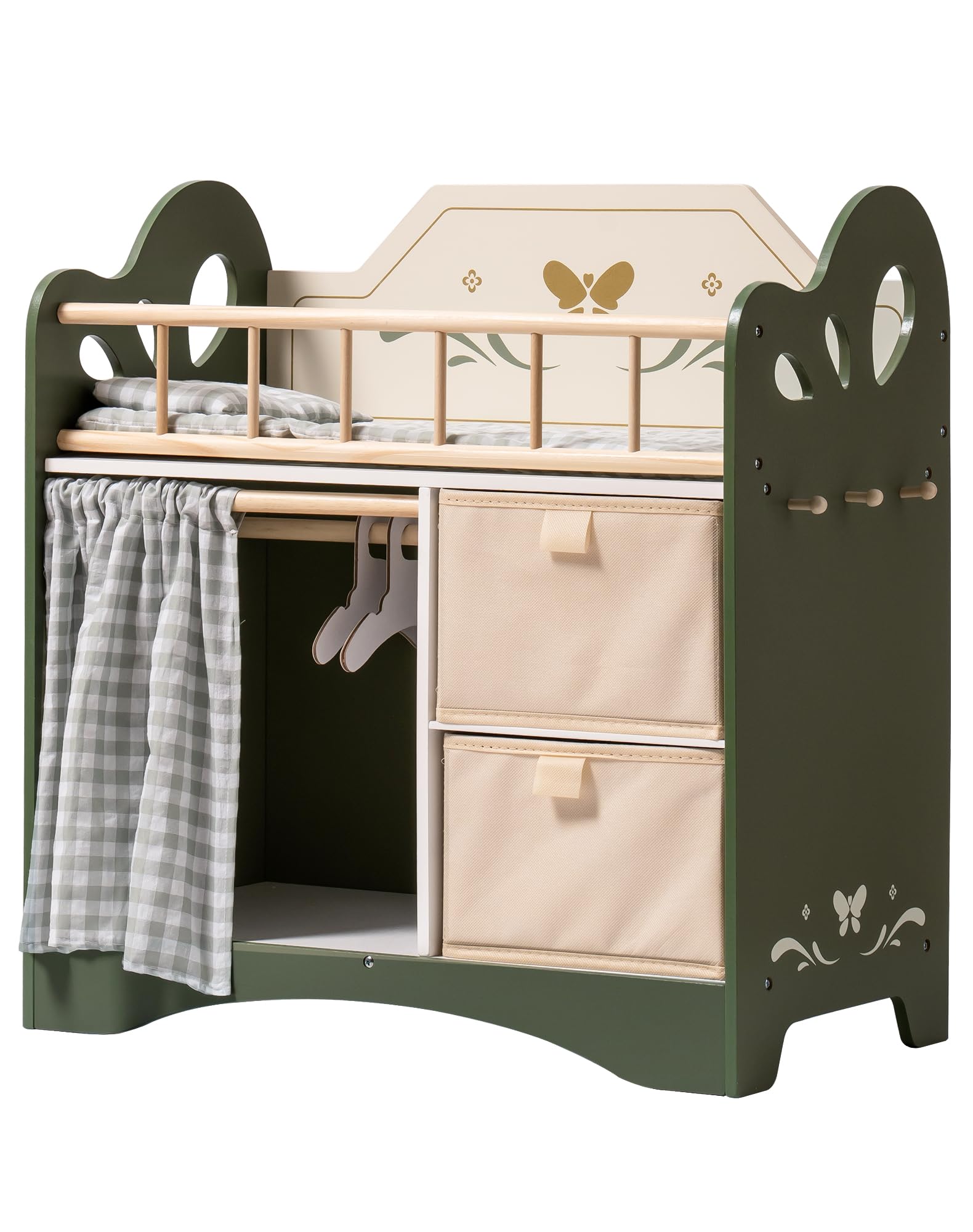 ROBOTIME Baby Doll Crib, Wooden Doll Bed, Toy Baby Crib with Storage, Bedding, and Wooden Hooks, Doll Crib Fits Dolls up to 22, 