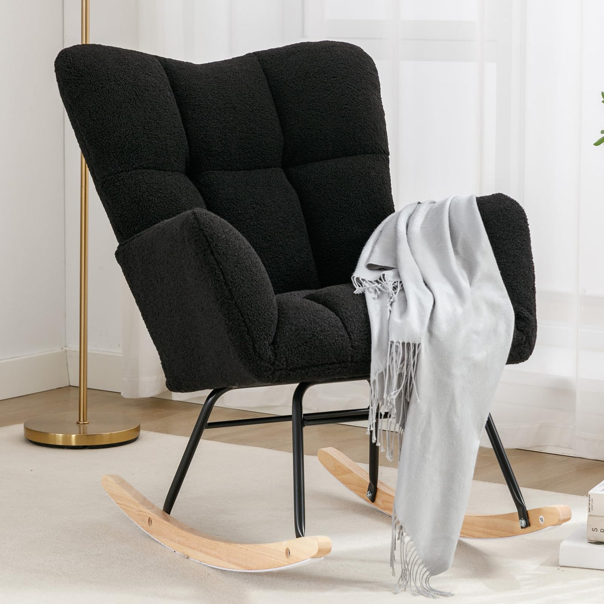 Nioiikit Nursery Rocking Chair Teddy Upholstered Glider Rocker Rocking Accent Chair Padded Seat With High Backrest Armchair Comfy Side Chair For Living Room Bedroom Offices (Black Teddy)