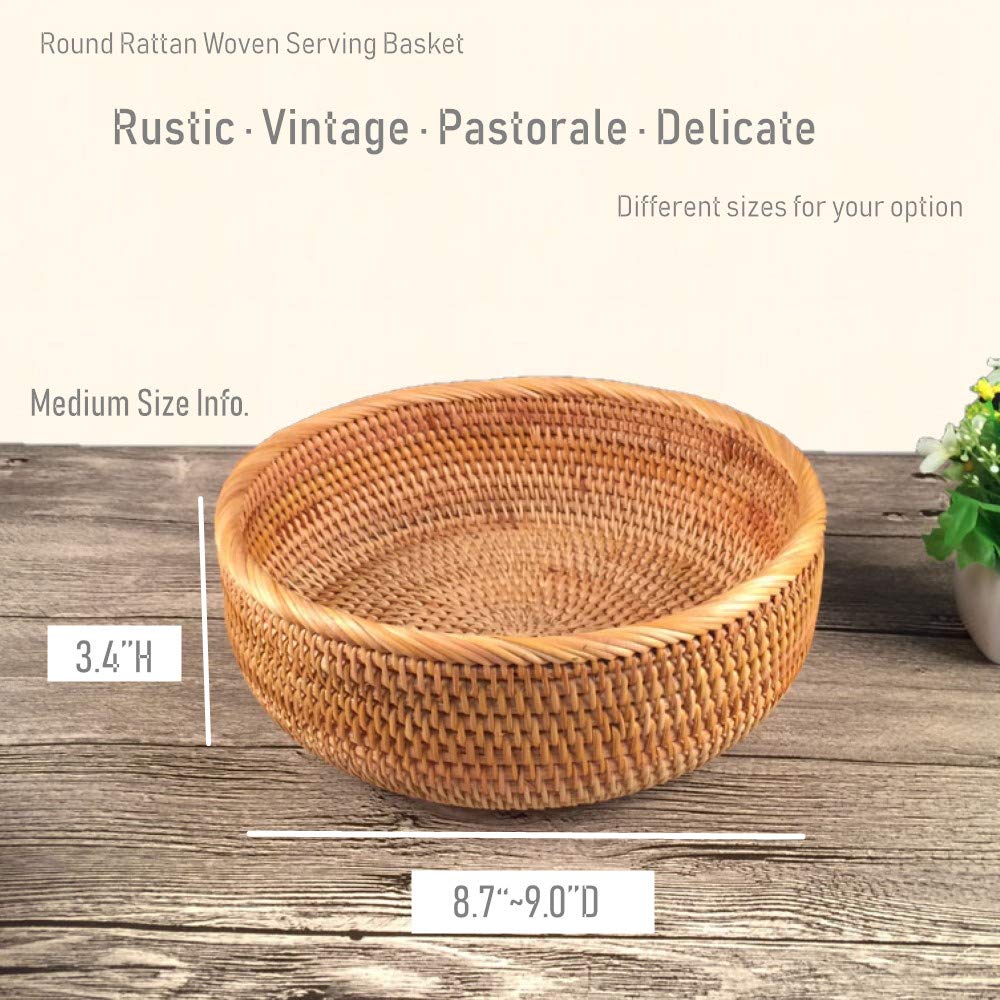 Amololo Hadewoven Round Rattan Fruit Basket Wicker Food Tray Weaving Storage Holder Dinning Room Bowl, 9 Inch Woven Bread Basket