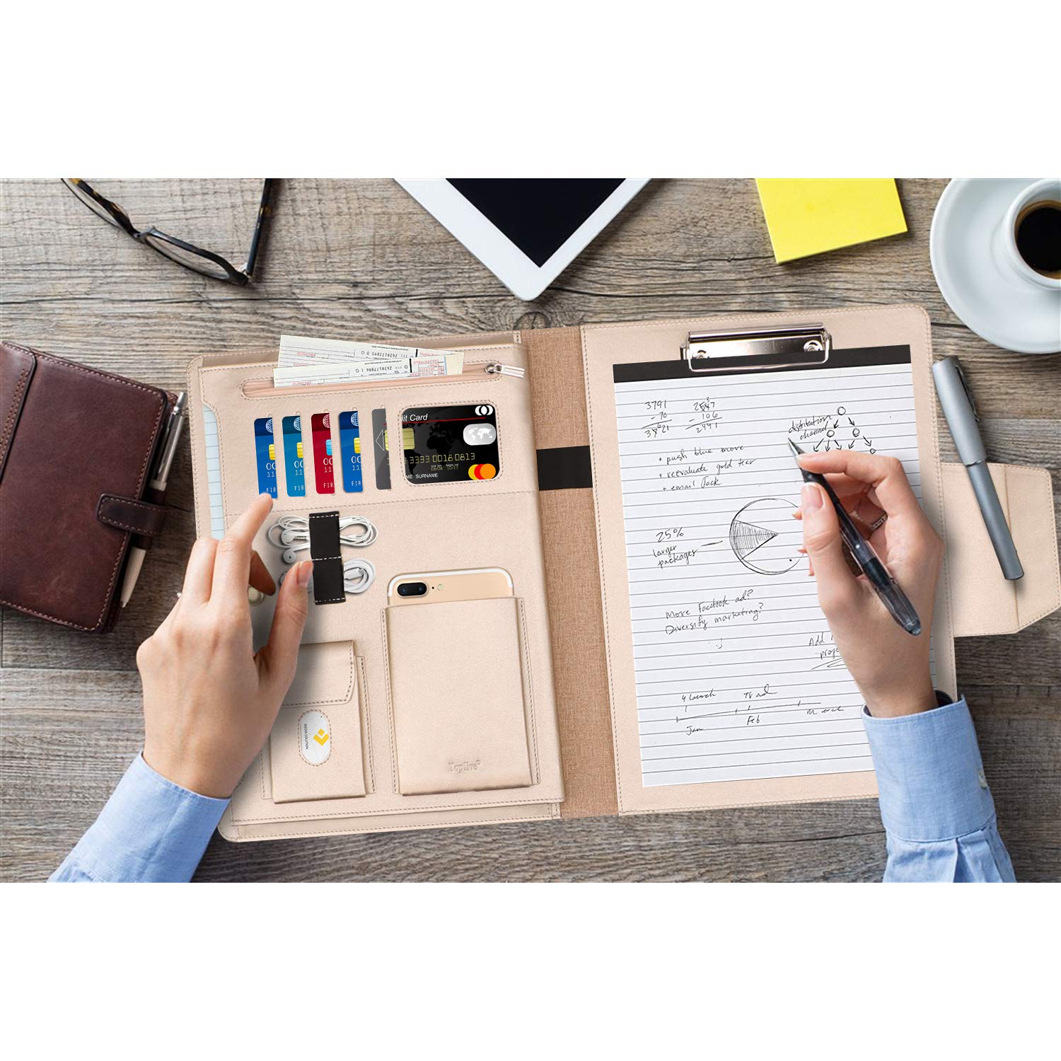 Toplive Padfolio Portfolio Case, Conference Folder Executive Business Padfolio With Document Sleeve,Letter/A4 Size Clipboard,Bus