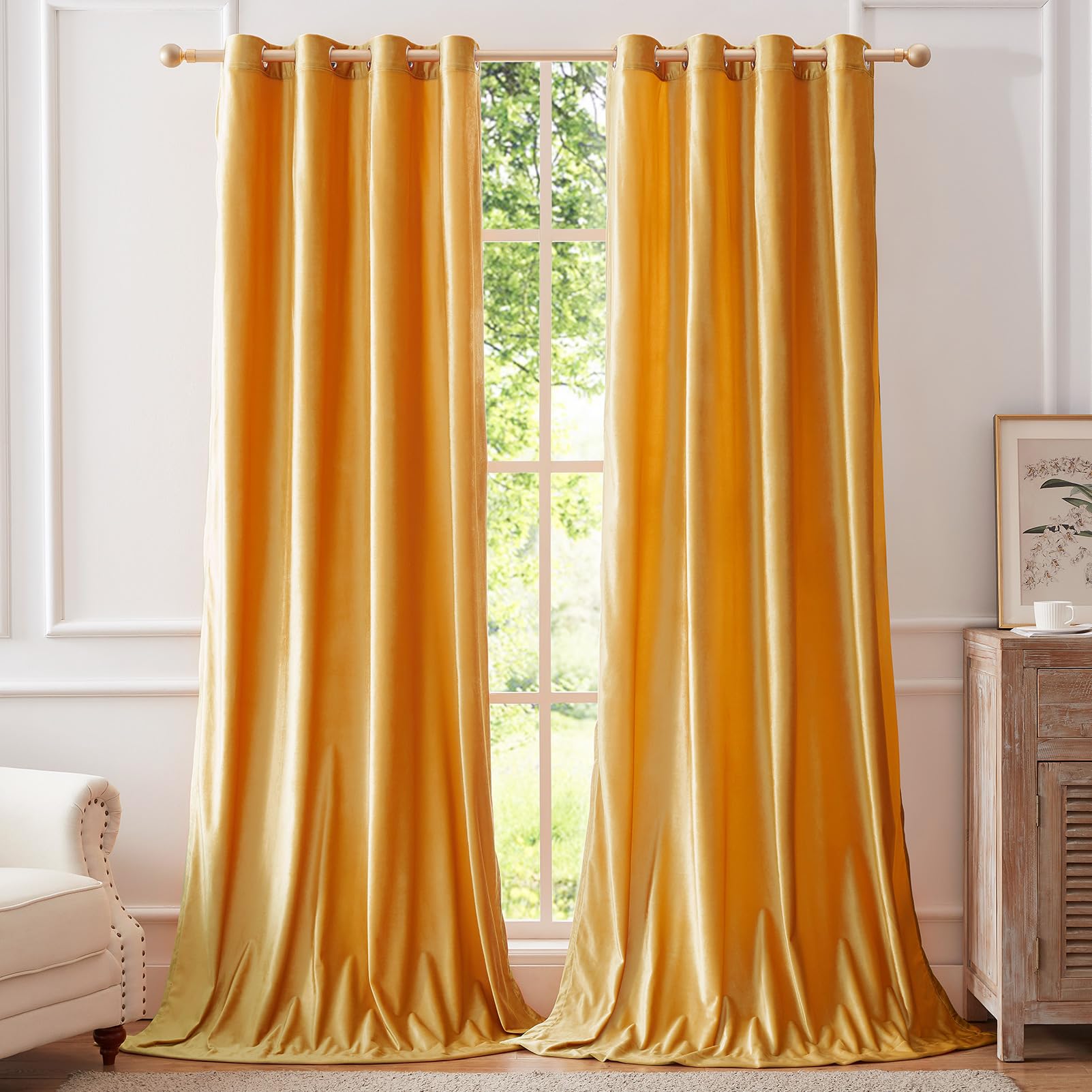 Bulbul Velvet Curtains 90 Inch Length For Living Room Modern Mustard Yellow Window Drapes Darkening Grommet Curtains For Bedroom
