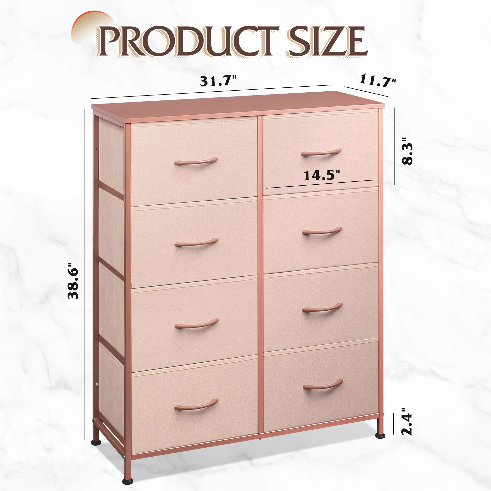 WLIVE Fabric Dresser, 8 Drawer Storage Tower, 11.7D x 31.7W x 38.6H, Wood, Pink and Rose Gold, Model ASNG100