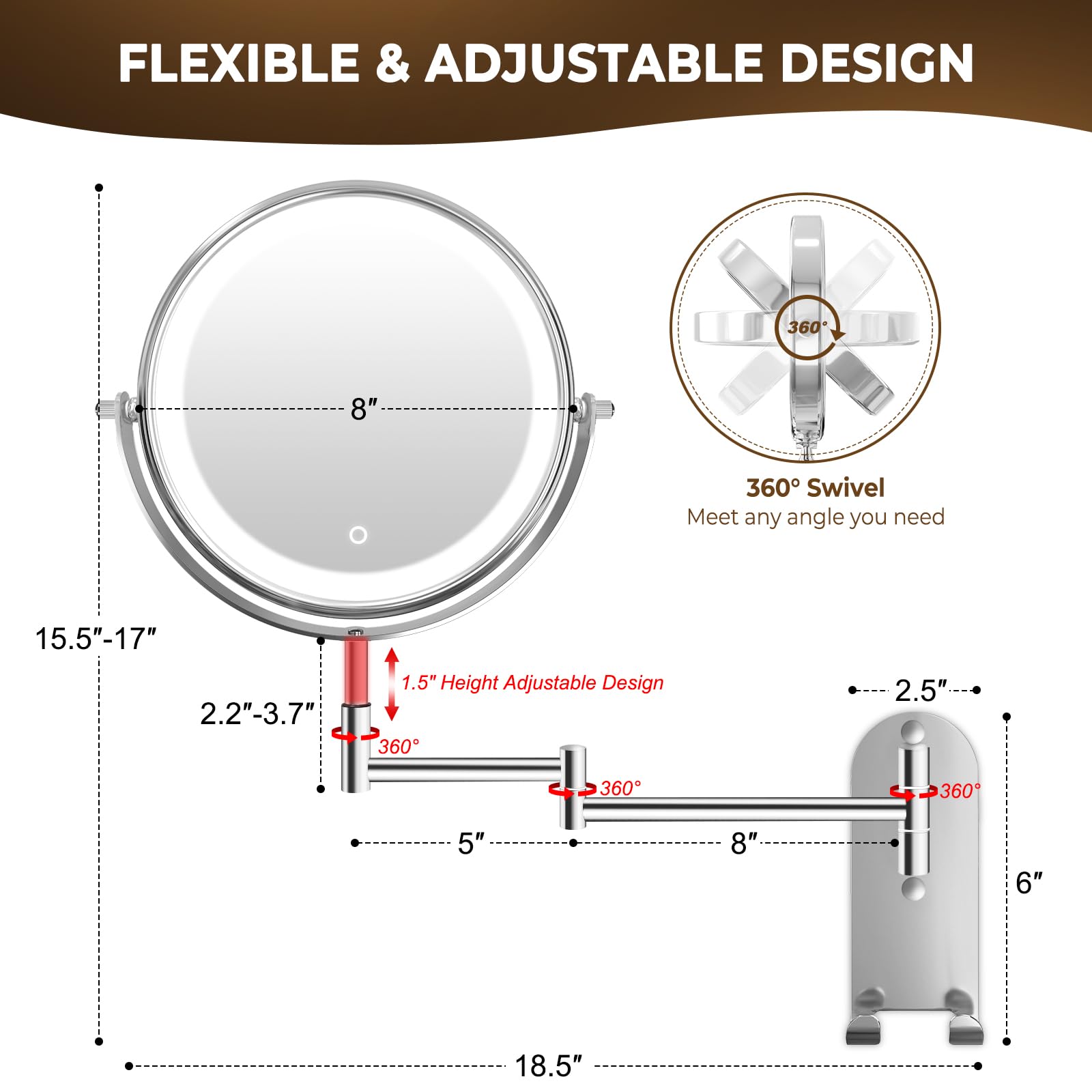 Conlwin 9' Wall Mounted Lighted Makeup Mirror, 3000Mah Rechargeable Double Sided 1X/10X Magnifying Mirror With Hook,3 Color Lig