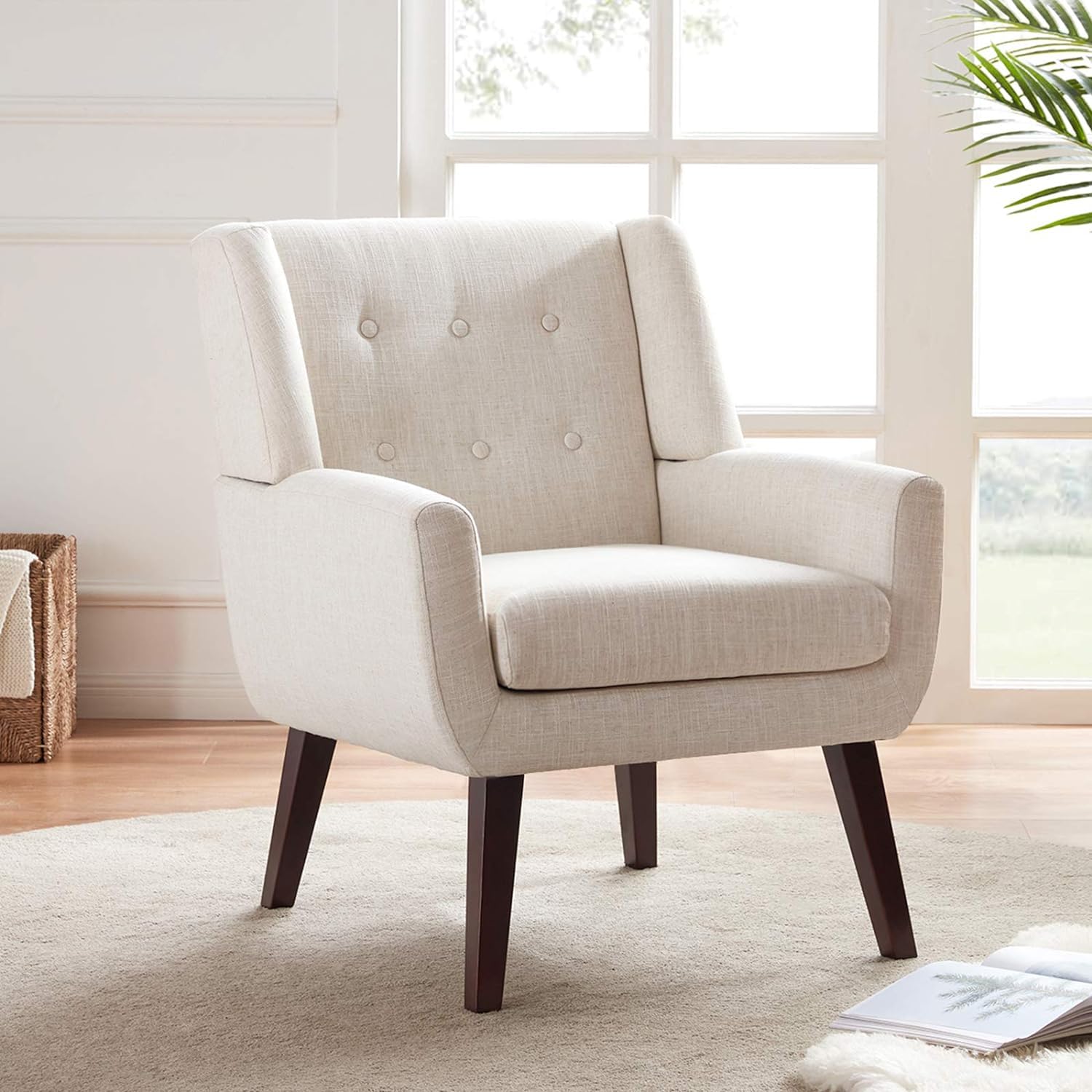 Huimo Accent Chair Living Room Chair, Upholstered Button Tufted Armchair, Linen Fabric Sofa Chairs For Bedroom, Living Room, Mid-Century Modern Comfy Reading Chair (Beige)