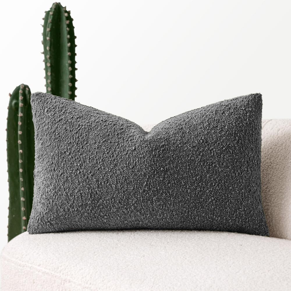 Miulee Pack Of 1 Dark Grey Boucle Throw Pillow Cover 12X20 Inch Decorative Couch Pillow Cover Textured Accent Solid Pillow Case