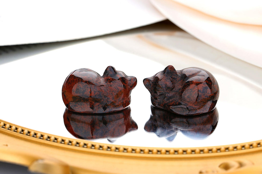 Qinjiejie Red Obsidian Cat Crystals Decor Sleeping Cat Statue Healing Stone Decors Gift Pocket Polished Gemstones Figurine Offic