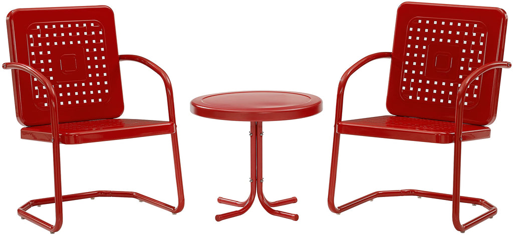 Crosley Furniture Bates 3-Piece Outdoor Chair and Side Table Set, Retro Metal Bistro Patio Conversation Sets, Bright Red Gloss