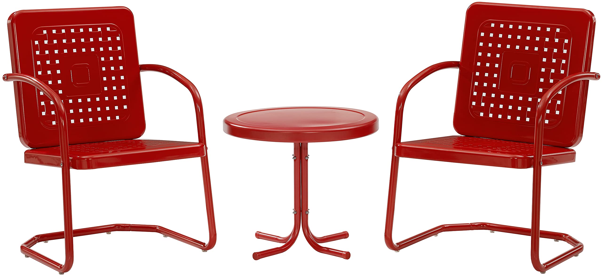 Crosley Furniture Bates 3-Piece Outdoor Chair and Side Table Set, Retro Metal Bistro Patio Conversation Sets, Bright Red Gloss