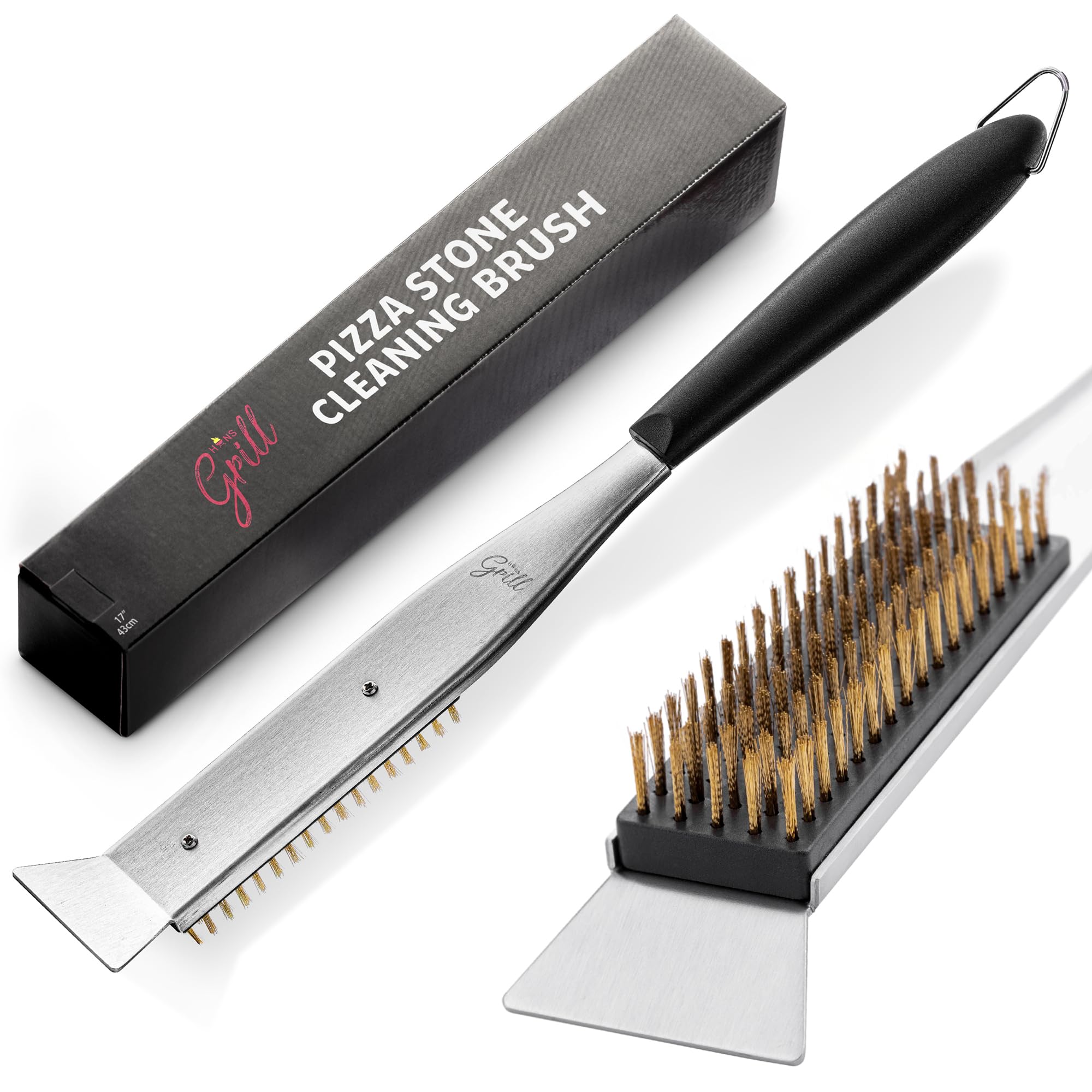 Hans Grill Cleaning Brush And Scraper For Pizza Stone/Oven | 17    2-In-1 Tool With Non Scratch Heat Proof Brass Bristles And St