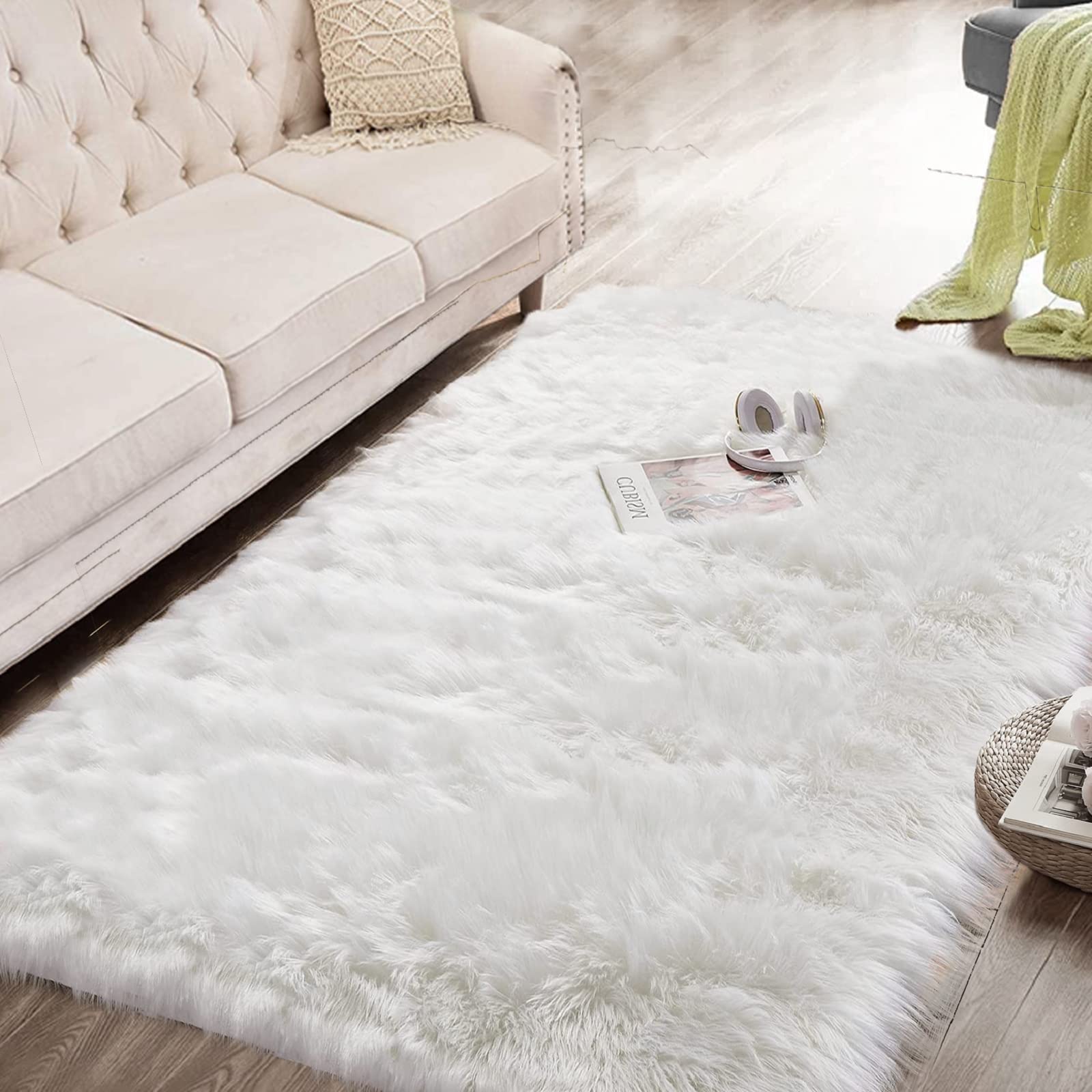 ORINOVA White Faux Sheepskin Shaggy Fur Rug for Living Room Soft Plush Machine Washable Fluffy 4x6 Area Rugs for Bedroom Nursery