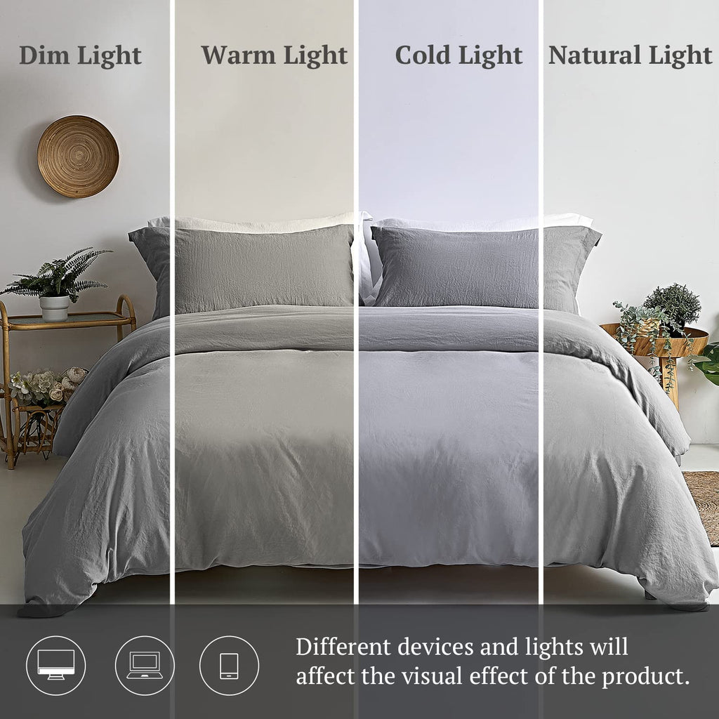 Mildly Super Soft Duvet Cover - 100% Washed Microfiber Light Grey Comforter Cover Set 3 Pieces With Zipper Closure & Corner Ties