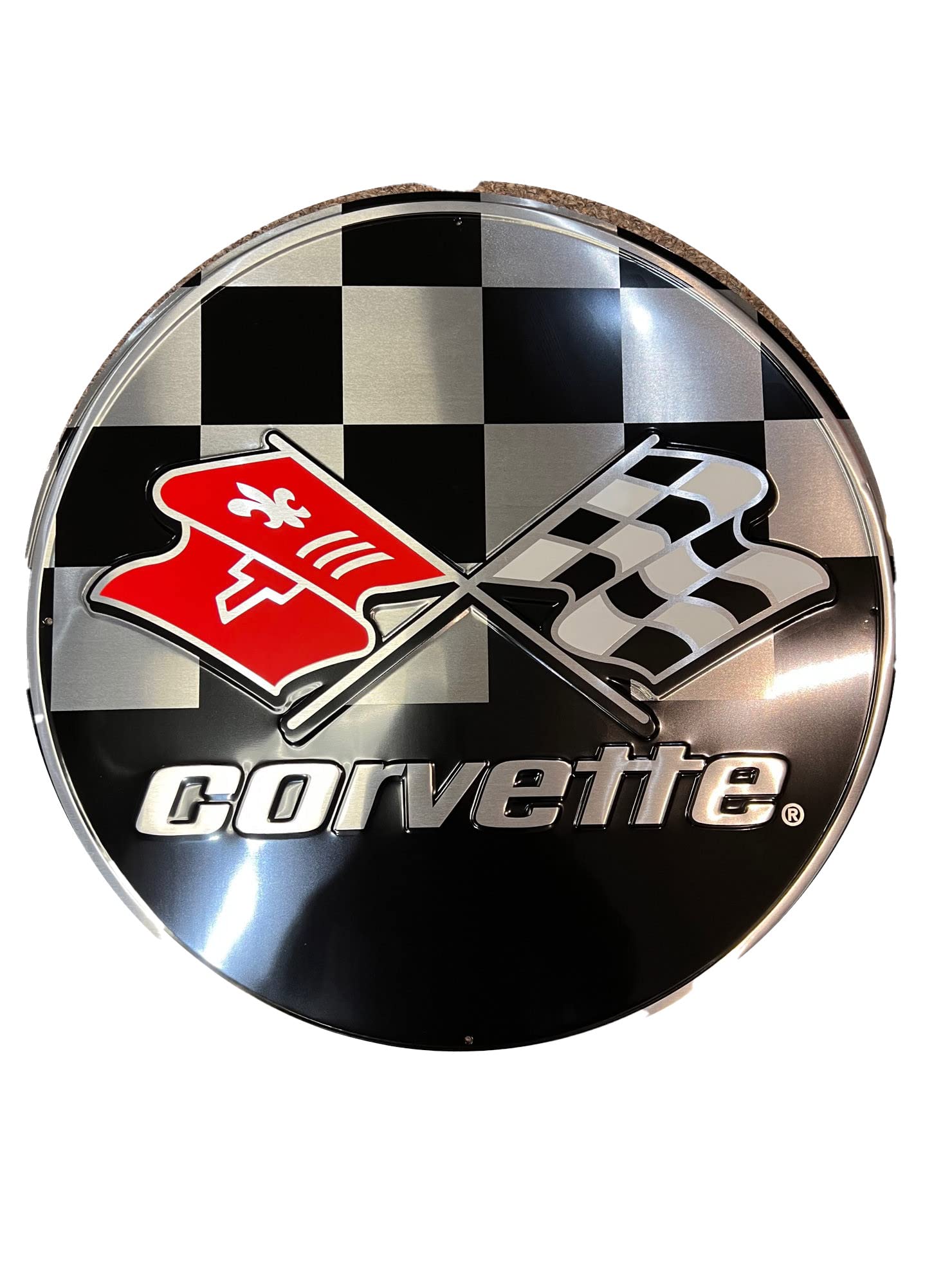 Hangtime Corvette With Racing Flags 12 Inch Circle Sign