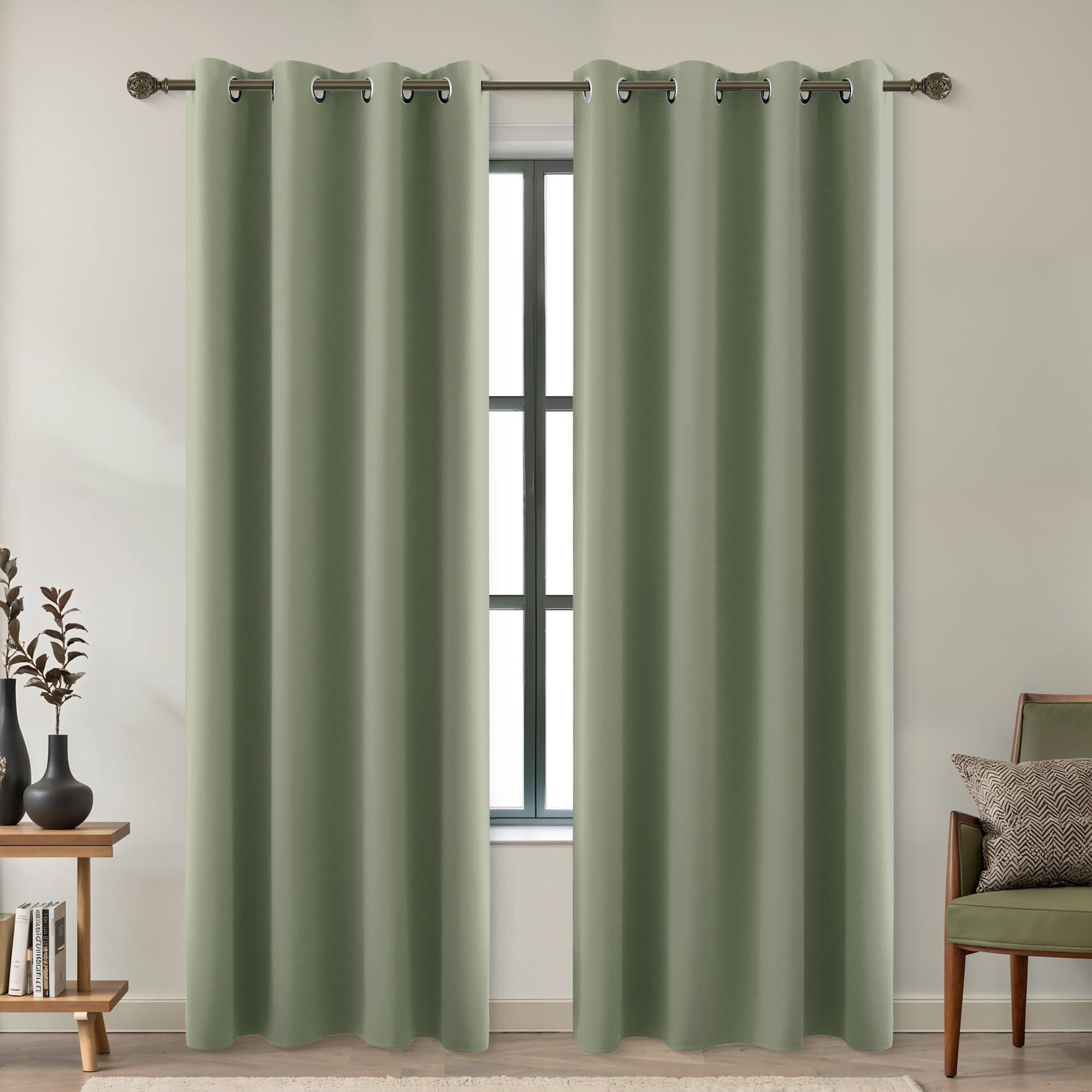 Koufall Boho Room Darkening Thermal Insulated Curtain Drapes Blackout Dark Sage Green For Bedroom Living Room Nursery Curtains For Baby Boy,90 Inch Long 2 Panel Set