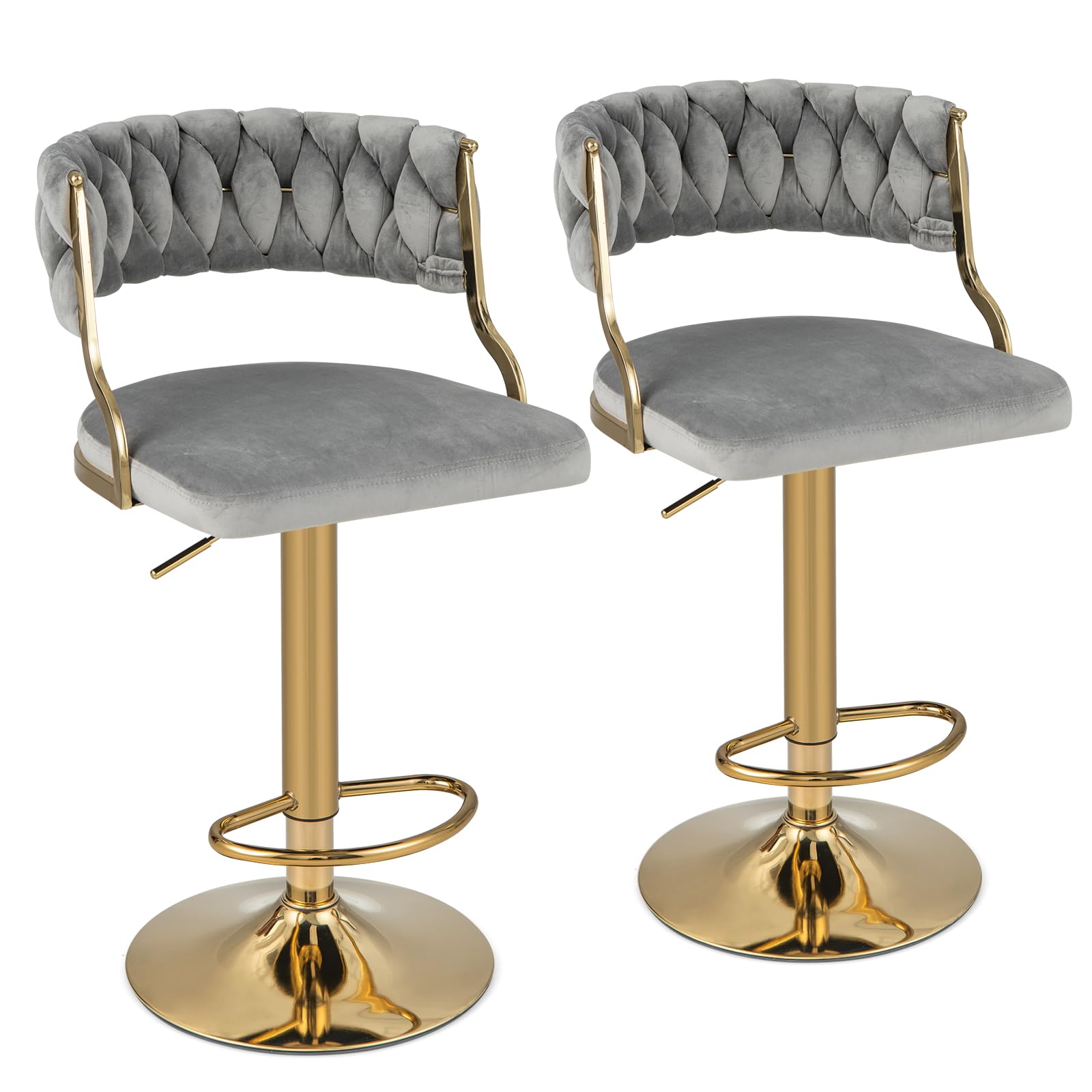 Costway Velvet Adjustable Bar Stools Set Of 2, Max Load 400 Lbs, Modern Upholstered Swivel Barstools With Woven Back, Footrests, Adjustable Height Bar Chairs For Kitchen Island Cafe Pub, Grey+Gold