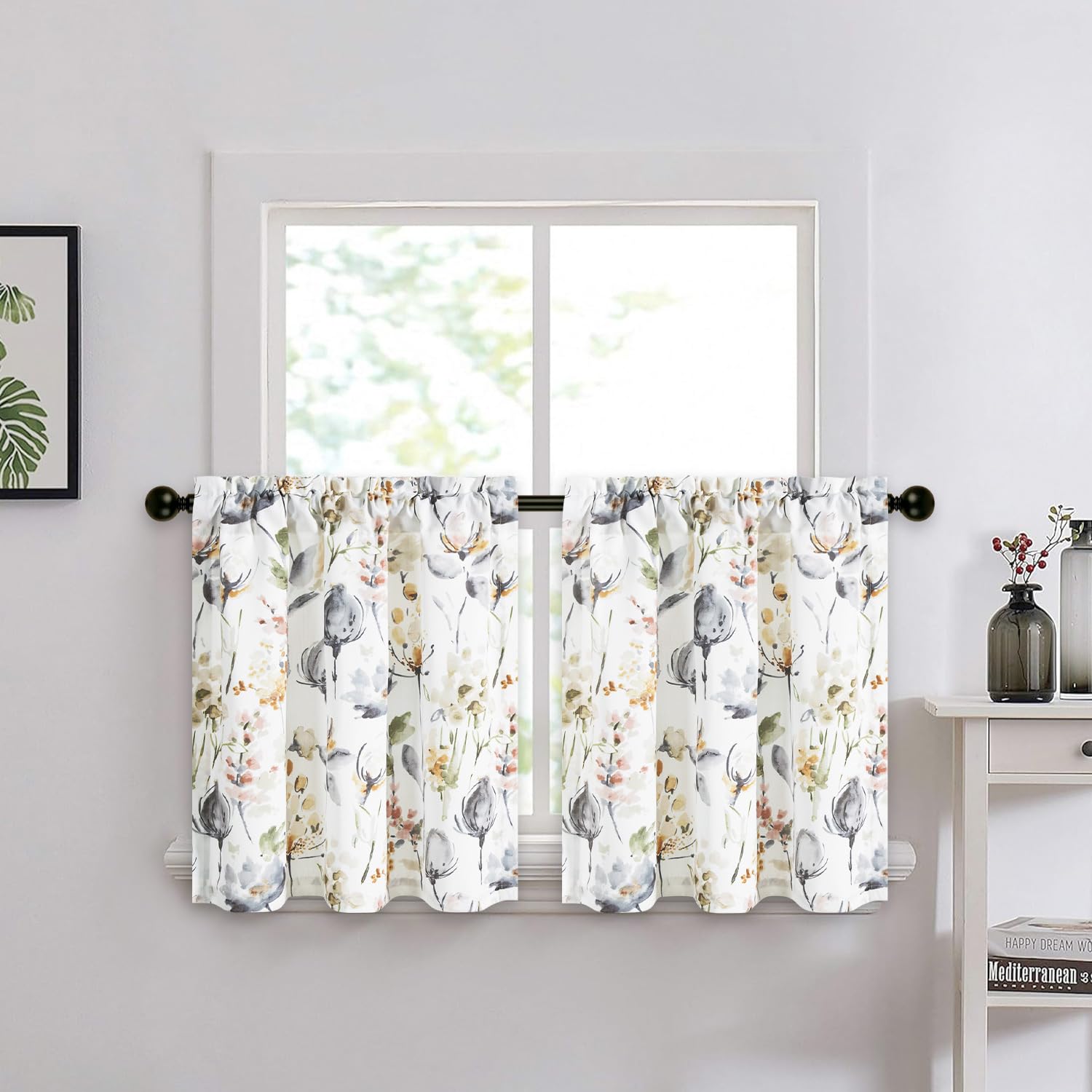 Leeva Tiers Curtains For Kitchen Windows, Farmhouse Style Flower Print View Block Privacy Rod Pocket Short Heavy Curtain For Pat