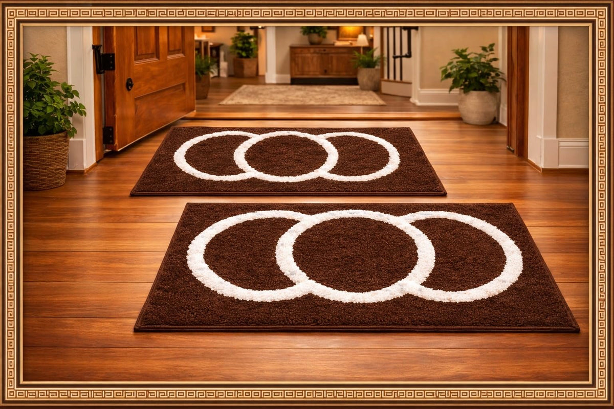 Brown Floor Mat with White Circle Design, Pack of 2, Indoor Entryway Rug