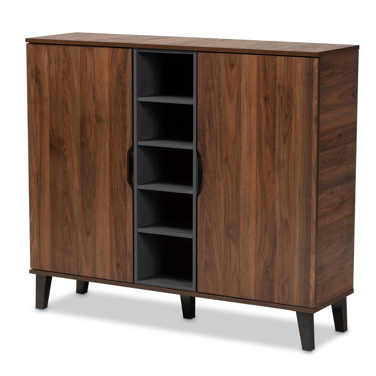 Baxton Studio Idina Mid-Century Modern Two-Tone Walnut Brown and Grey Finished Wood 2-Door Shoe Cabinet