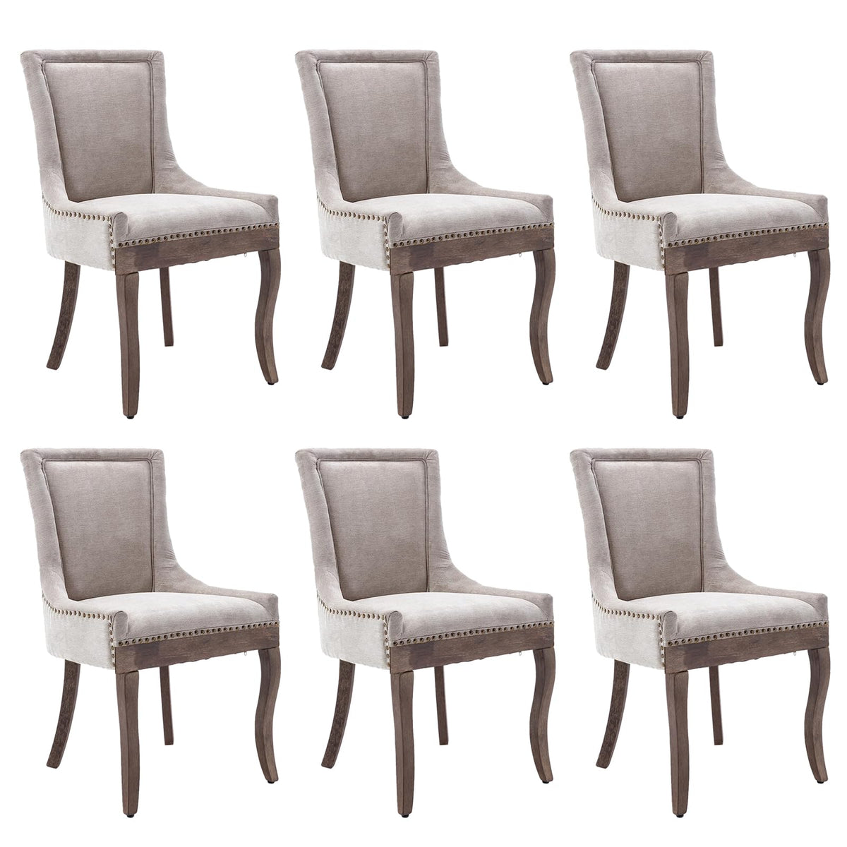 Aoowow Fabric Vintage Upholstered Side Chairs Set Of 6, Farmhouse Solid Wood Kitchen Dining Room Chairs With Nailheads Legs (Fab