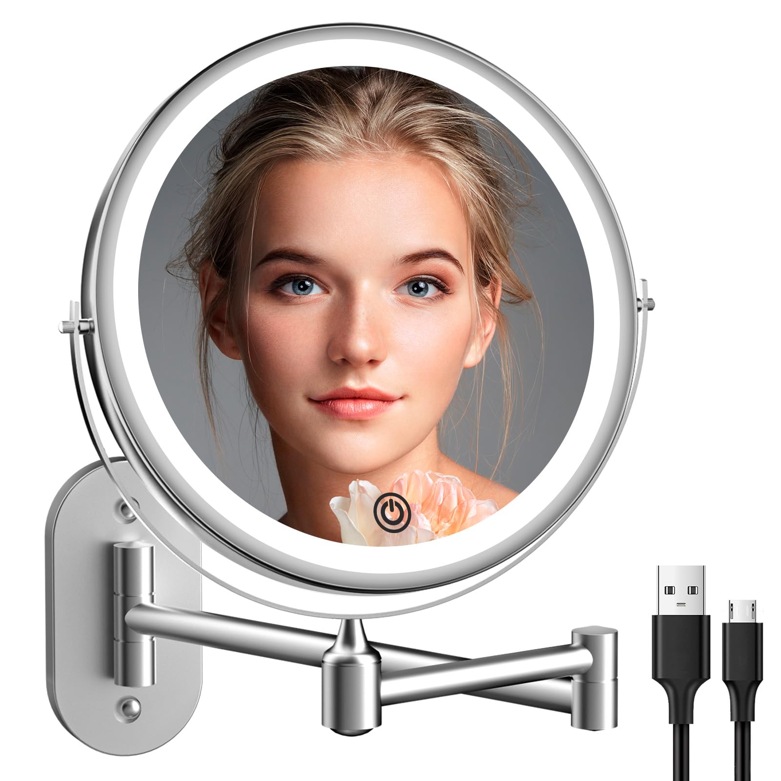 Rechargeable Wall Mounted Lighted Makeup Vanity Mirror 8 inch 1X/10X Magnifying Bathroom Mirror with 3 Color Lights, Double Side