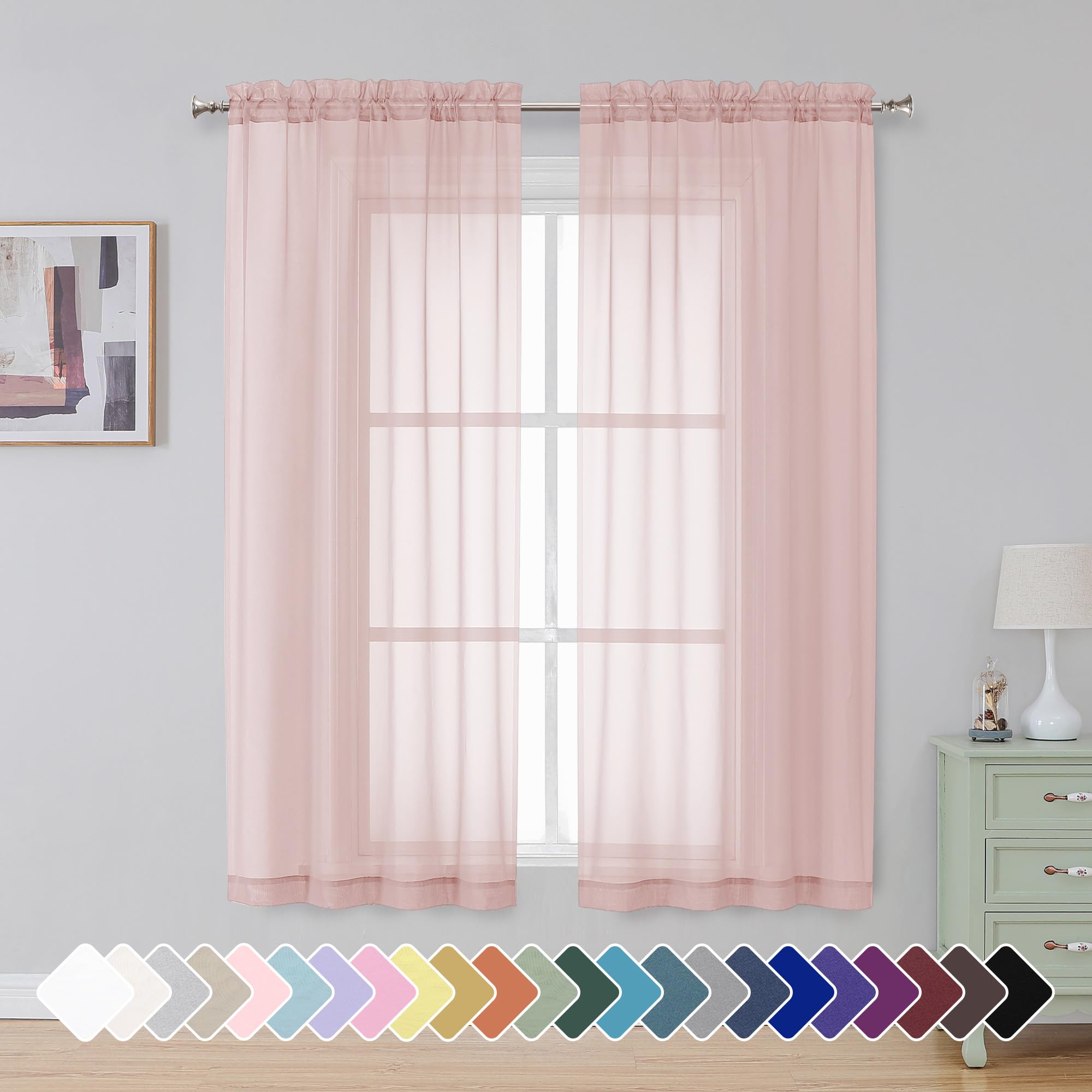 Simplebrand Blush Sheer Curtains 63 Inch Length 2 Panels, Rod Pocket Solid Color Window Sheer Curtain Panels, Elegant Curtains &