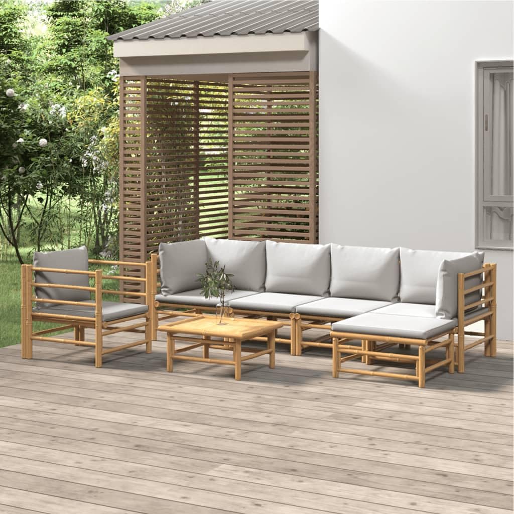 vidaXL 7 Piece Bamboo Patio Lounge Set with Light Gray Cushions - Durable Bamboo Furniture for Outdoor, Patio, Garden with Convenient Modular Design