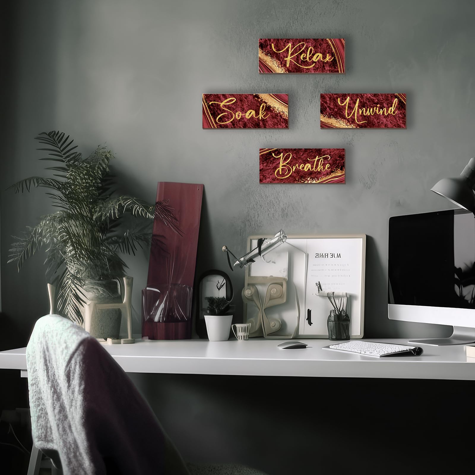 Onizhity 4 Pcs Red And Gold Bathroom Decor Red Gold Wall Decor Relax Soak Unwind Breathe Wooden Rustic Red Marble Style Bathroom