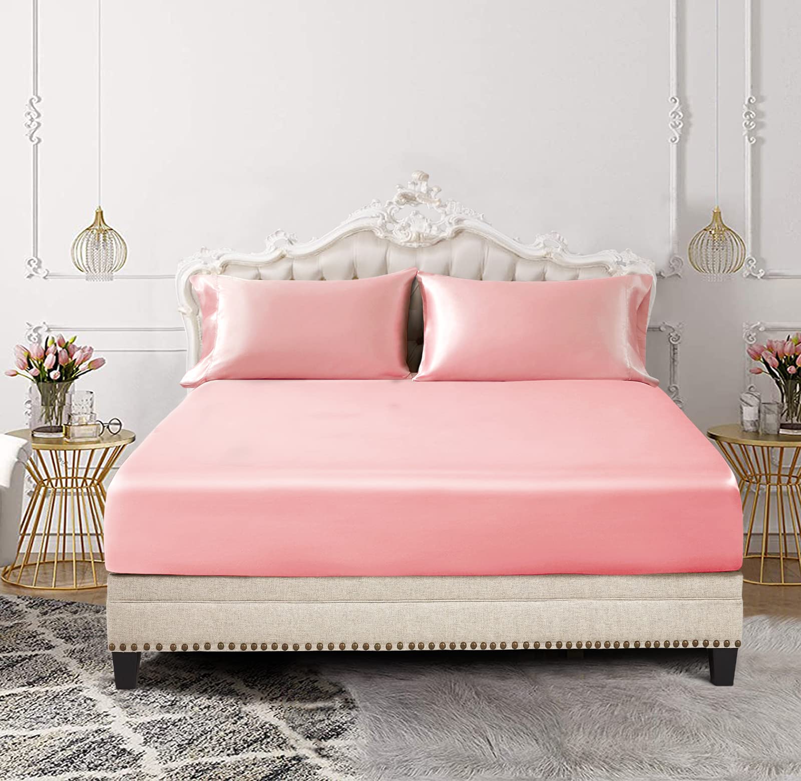Siinvdabzx 3-Piece Set Satin Full Fitted Sheet & 2 Pillowcase, Blush Pink Silky Soft Fitted Bottom Sheet, Wrinkle Free, Fade Res