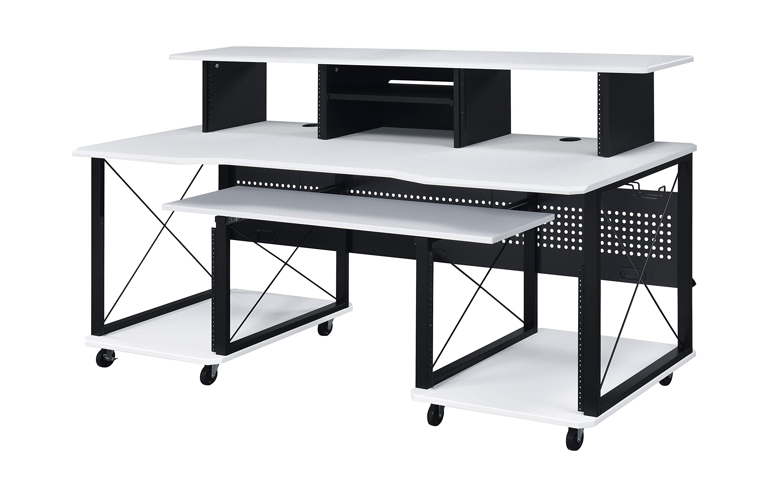 Acme Furniture Megara 72&quot; x 30&quot; Rectangular Metal Storage Music Desk, Included Wheels, Multiple Functional & Storage Spaces, in White and Black Finish
