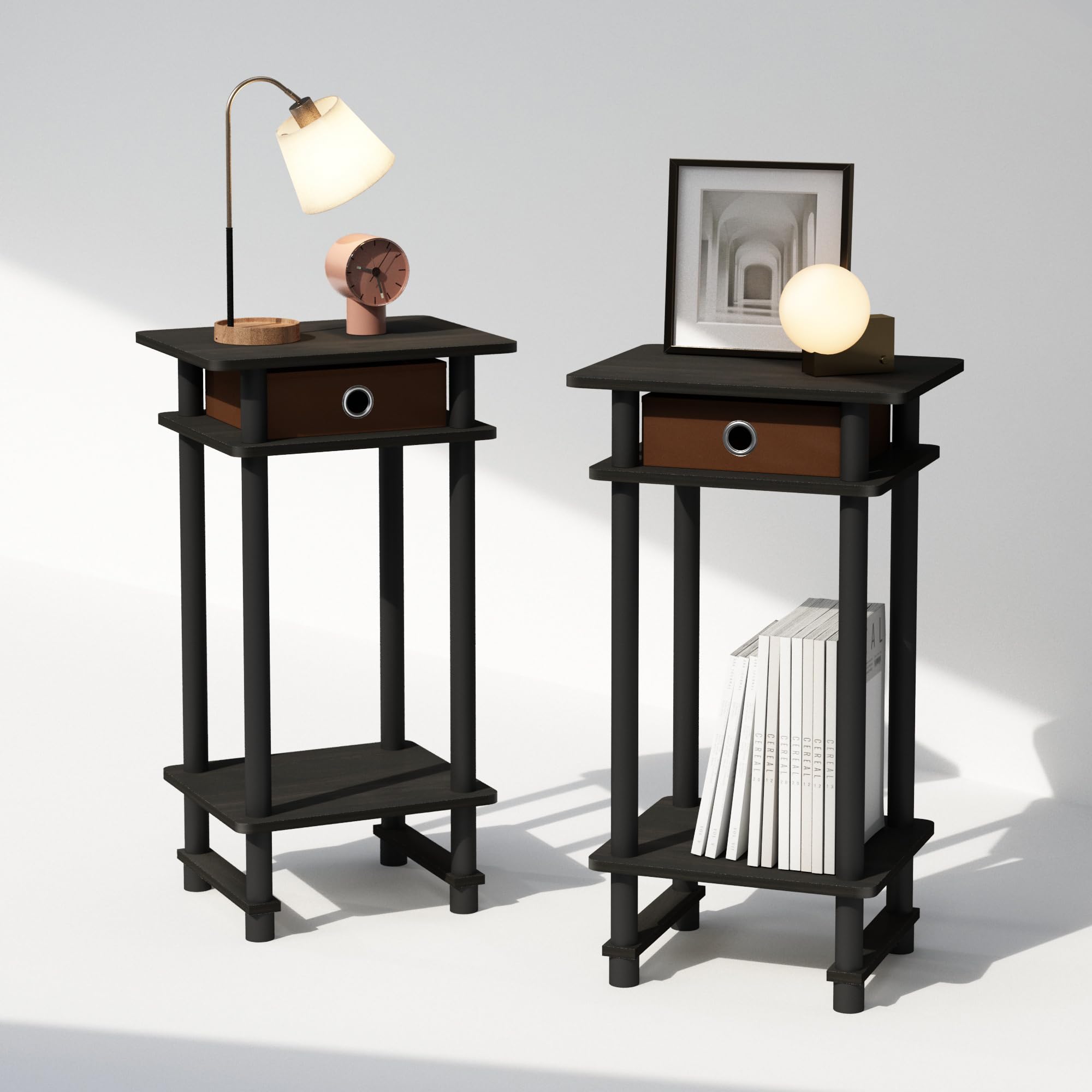 Furinno Turn-N-Tube Tall Nightstand With Bin, 2-Pack, Plastic Poles, Espresso/Brown