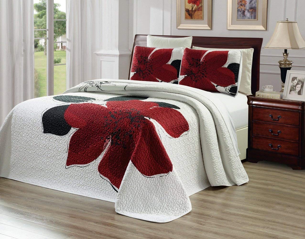 Grand Linen 3-Piece Fine Printed Oversize (100' X 95') Quilt Set Reversible Bedspread Coverlet Full/Queen Size Bed Cover (Burg