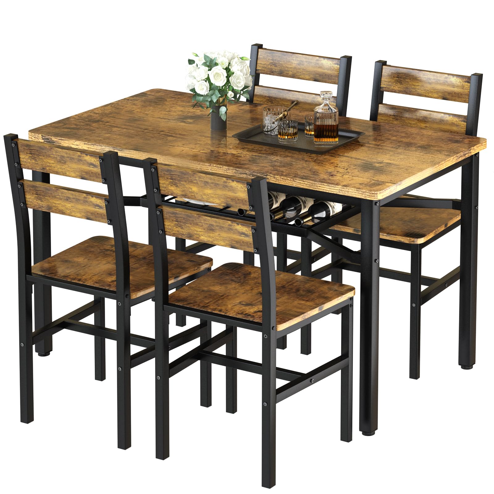 Hooseng Dining Table Set For 4, Wood Kitchen Table Chairs Set With Storage, Farmhouse 5 Piece Dining Room Table Set, Space-Savin