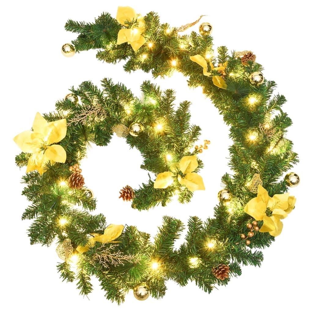 vidaXL Christmas Garland with Golden Decorations and LED Lights - 8.9' Feet Long Green and Gold PVC Wreath - Suitable for Indoor and Outdoor Use