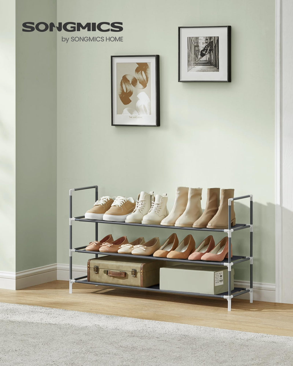 SONGMICS 3-Tier Shoe Rack, Grey Metal Frame with Non-Woven Fabric Shelves, Slim Space-Saving Storage for Hallway Closet, 11''D x 38.8''